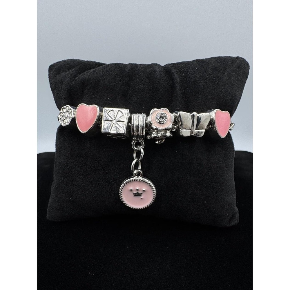 Silver Tone Byzantine Pink Hearts Flowers Crown Rhinestone Love Charm Bracelet